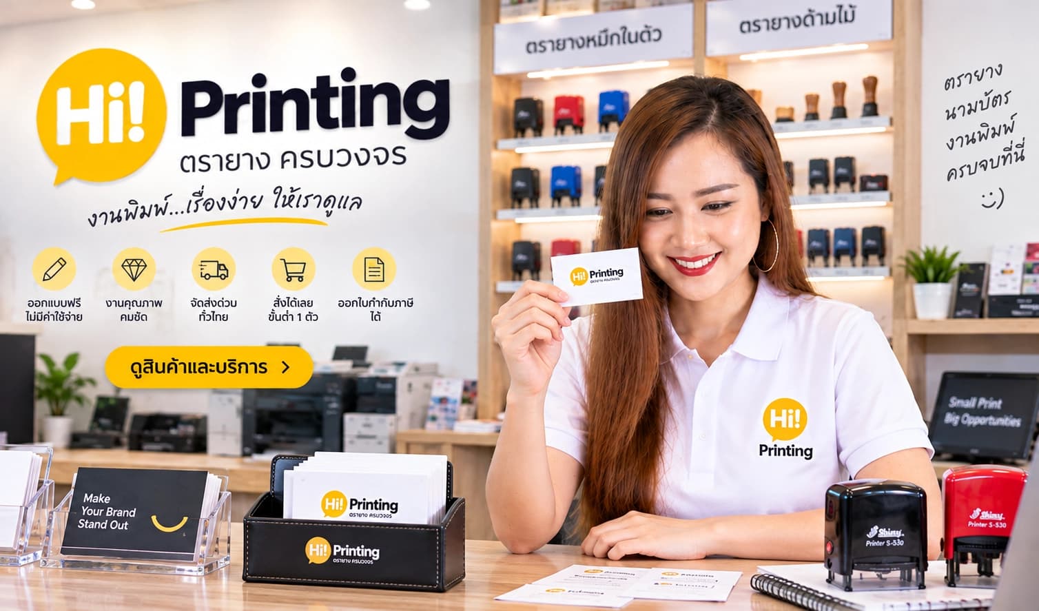 แอดมิน Hi Printing ถือตัวอย่างนามบัตรอยู่หน้าเคาน์เตอร์ภายในร้าน