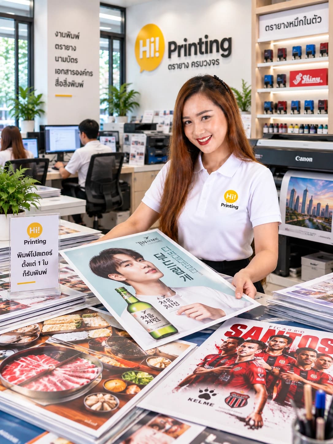 แอดมิน Hi Printing ถือโปสเตอร์ประชาสัมพันธ์สำหรับตรวจขนาดและรายละเอียดก่อนพิมพ์