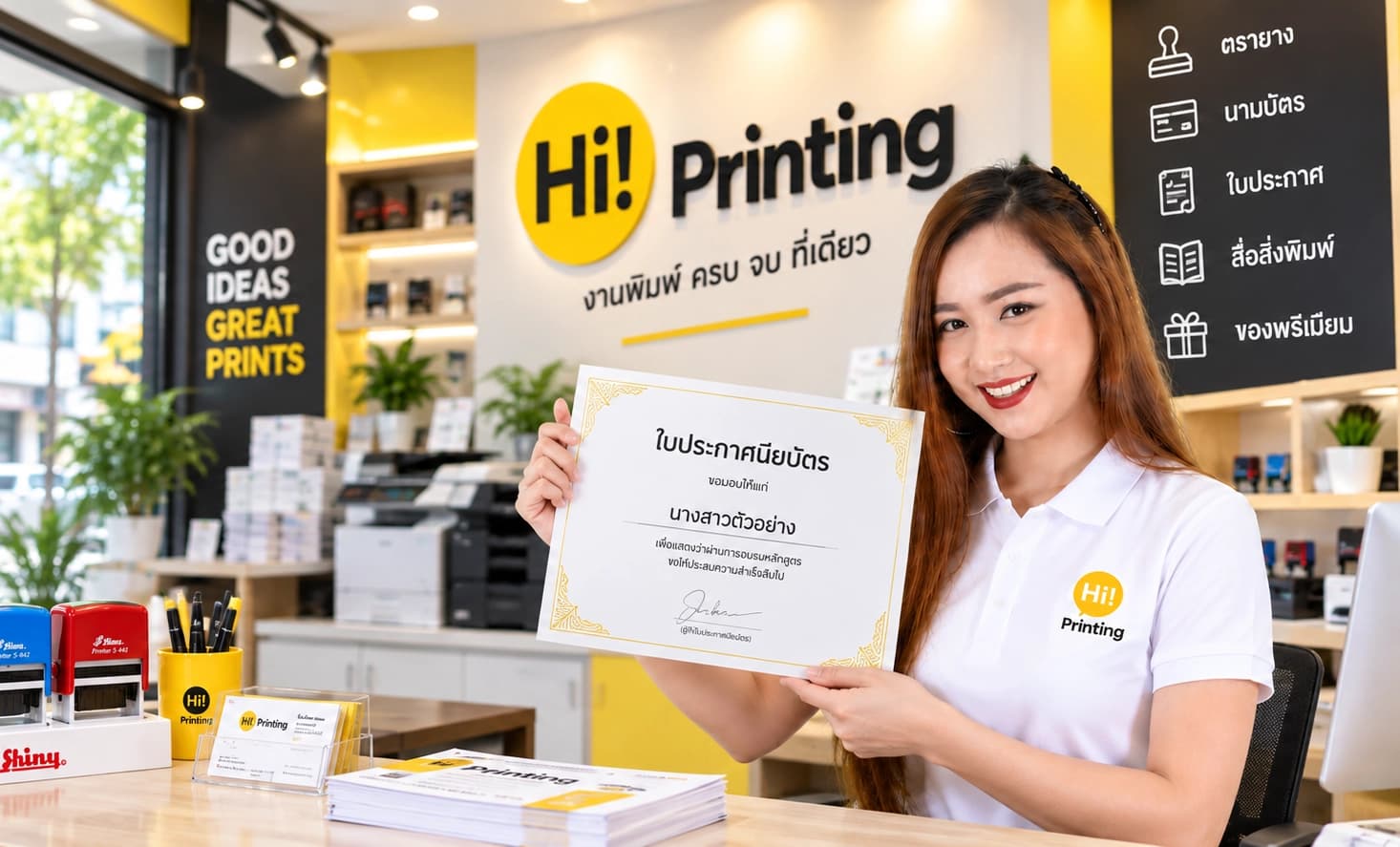แอดมิน Hi Printing ถือใบประกาศนียบัตรตัวอย่างอยู่ภายในร้าน