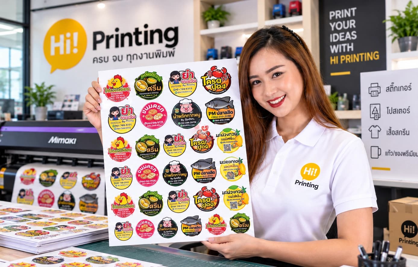 แอดมิน Hi Printing ถือแผ่นสติ๊กเกอร์ไดคัทหลายรูปทรงสำหรับตรวจรายละเอียดก่อนผลิต