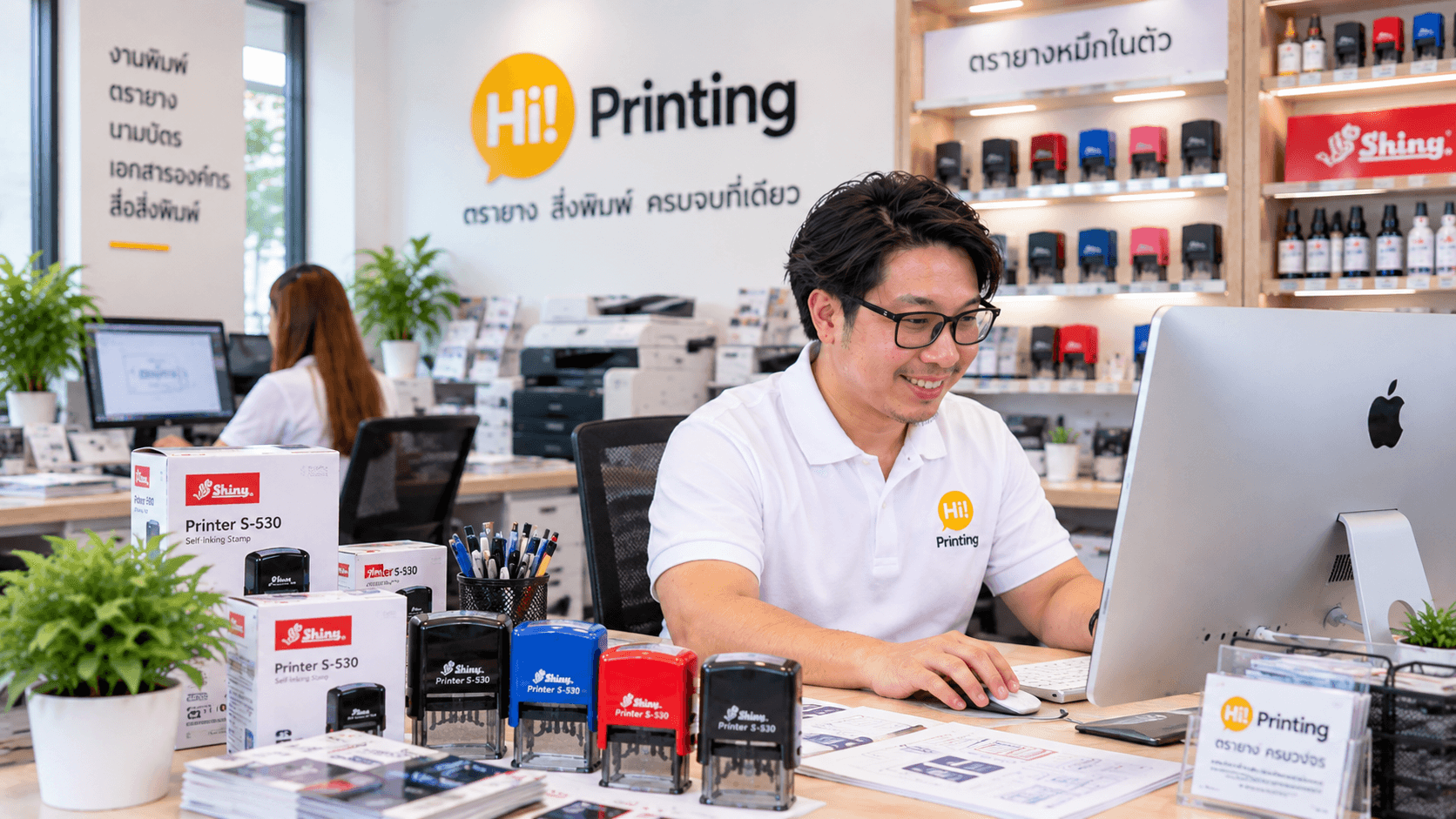 ทีมงานไฮ! พริ้นติ้งกำลังออกแบบและดูแลงานพิมพ์ภายในหน้าร้าน